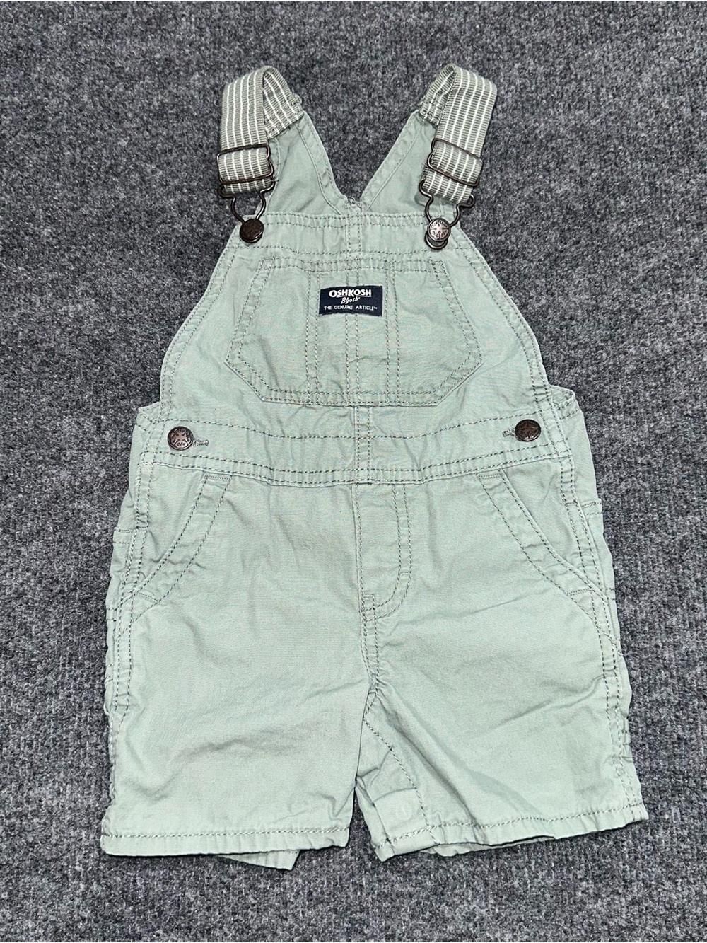 OshKosh B'gosh Light Sage Green Short Overalls with Striped Straps